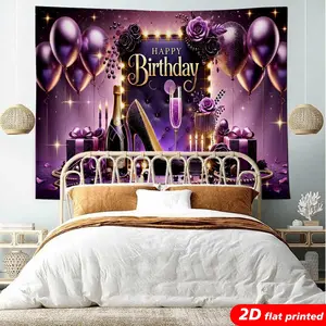 2D Flat-Printed Purple Gold Balloon Champagne Polyester Tapestry Wall Hanging, Decorative Room Backdrop for Women's Birthday Party Photo Booth, Home Decor Gift
