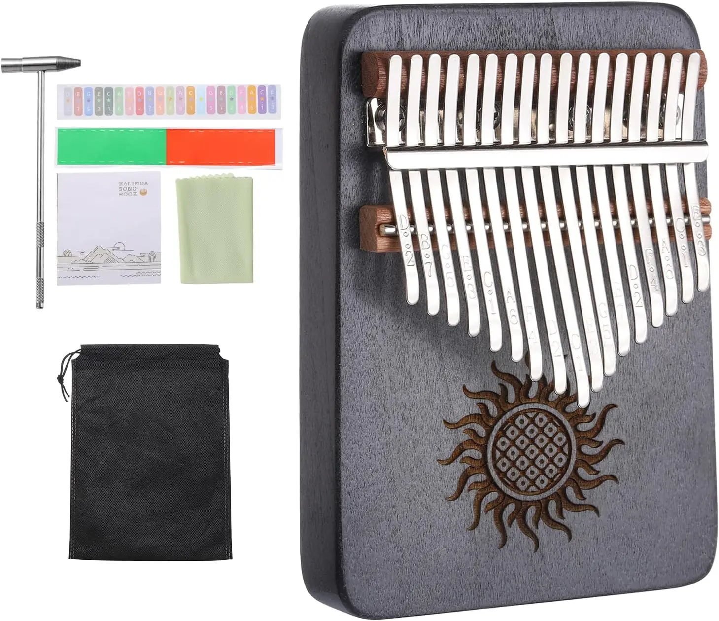 17 Keys Thumb Piano Retro Sun Portable Finger Piano with Carry Bag, Musical Note Stickers, Tuning Hammer & Cleaning Cloth for Gifting