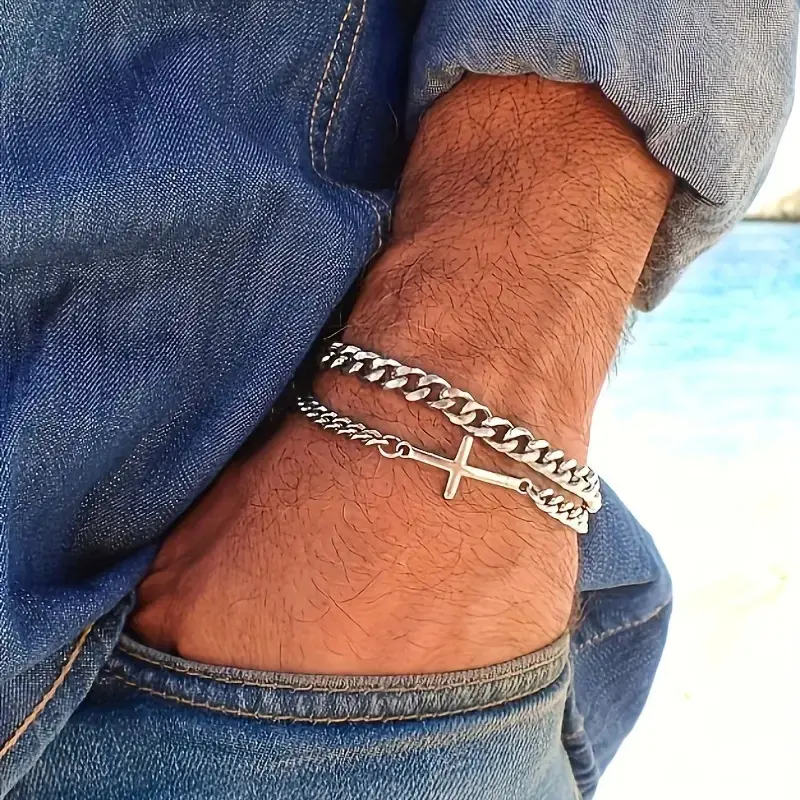 Men's Retro Cuban Chain Link Bracelet, Double-Layer Metal Alloy Band with Cross Motif, Versatile Fashion Jewelry, Cuban Bracelets, Retro Look, Casual Wear, Male, Adults, Men's Accessories, Retro Metal