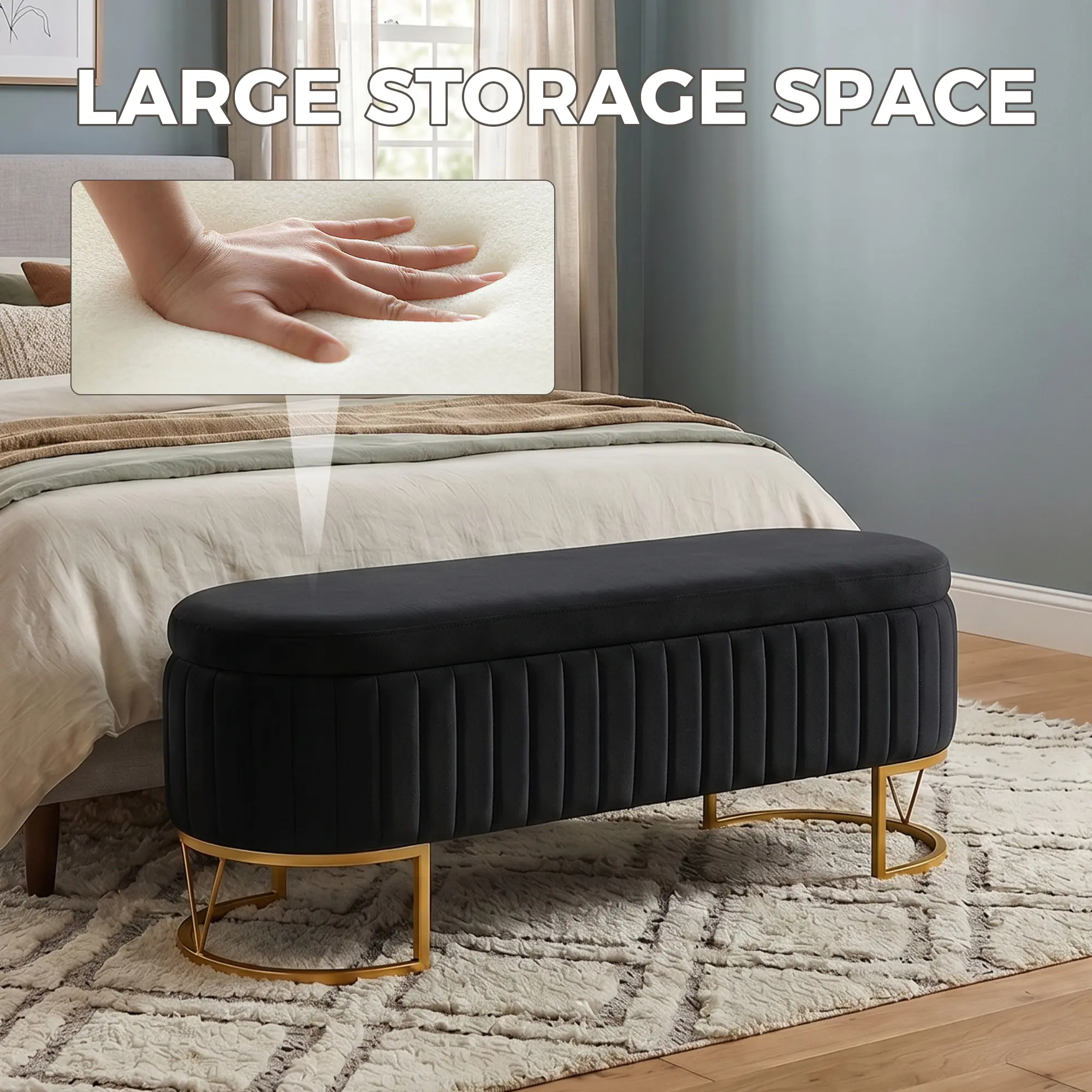 45.6 in Velvet Upholstered Hidden Storage Bench with Golden Metal Legs - Modern Ottoman, Indoor Stool for Bedroom, Living Room, Requires Basic Assembly