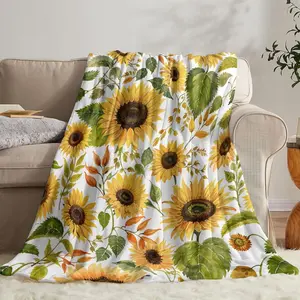 Sunflower Floral Throw Blanket Fuzzy Cozy Flannel Flower Throws for Couch Sofa Bed Chair Home Decor Gifts, Green Yellow