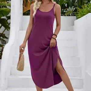 Women's Loose Fit Midi Dress Spaghetti Strap Side Slit with Pockets Casual Dress Springfresh