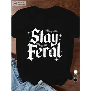 Stay Feral Graphic Cotton T Shirt Women Short Sleeve Crewneck Soft Breathable Casual Streetwear Goth Punk Aesthetic Top For Summer Everyday Outfit