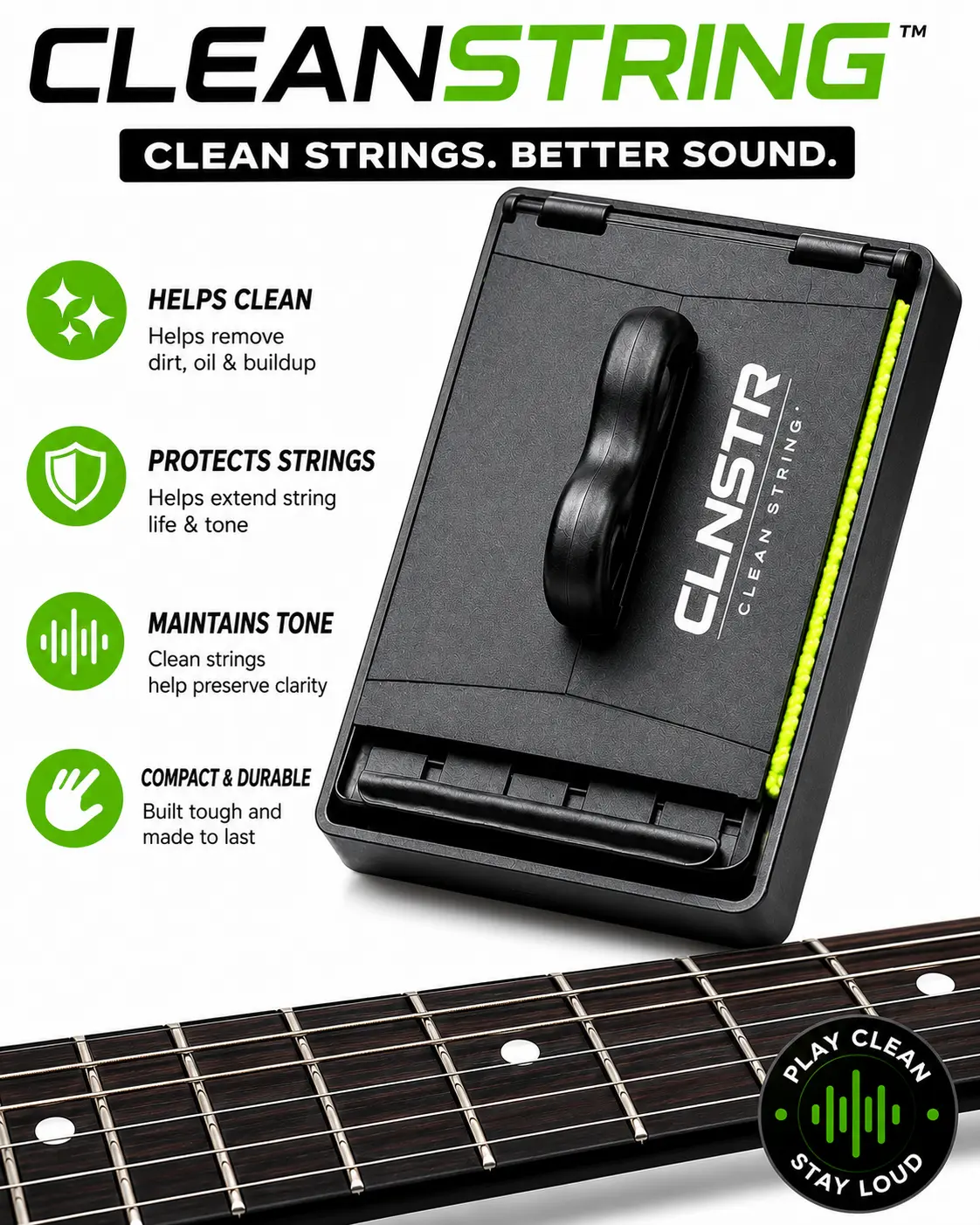 CLNSTR Guitar String Cleaner Tool - Reusable Cleaning Accessory for Electric and Acoustic Guitars
