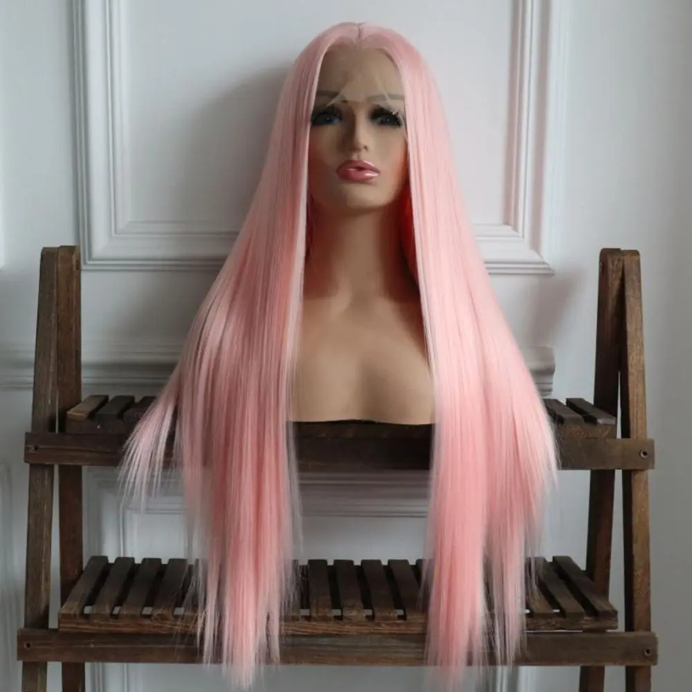 HD Glueless Synthetic Lace Front Wig Pre Plucked Light Pink Wigs Glueless HD Lace Front Wigs Glueless Synthetic Silky Straight Lace Front Wig For Cosplay Party Bright Pink Wig For Fashion Women