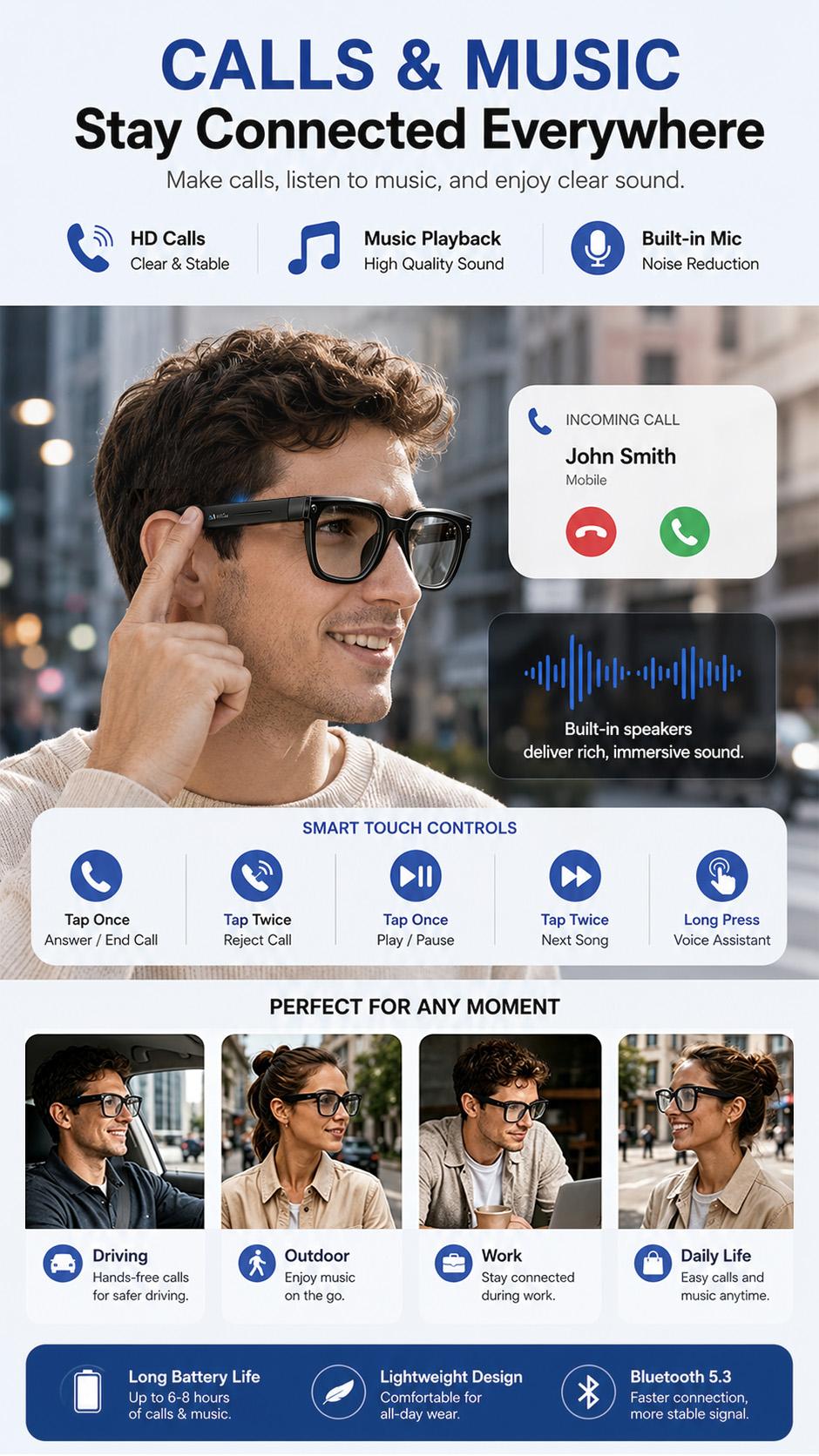 AI Smart Wearable Eye Glasses Camera - 8MP Digital Camera, Hands-Free Photo & Video Recording, Bluetooth Calls, Music Playback, App-Based Translation, Casual Minimalist Lightweight for Travel & Daily Use Cameraglasses smart glasses with camera glasses