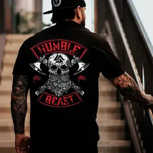 Gildan Men's Short-Sleeve Crew Neck Viking Skull Print Casual Style T-Shirt, Menswear Streetwear Top