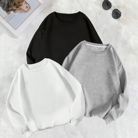 Women's Solid Color Drop Shoulder Loose Basic Sweatshirt, Casual Long Sleeve Round Neck Pullover for Fall & Winter,   Ladies' Clothes for Daily Wear