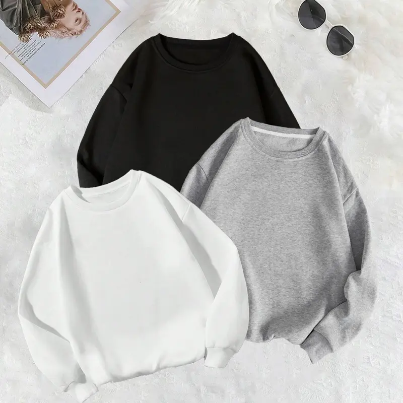 Women's Solid Color Drop Shoulder Loose Basic Sweatshirt, Casual Long Sleeve Round Neck Pullover for Fall & Winter,   Ladies' Clothes for Daily Wear