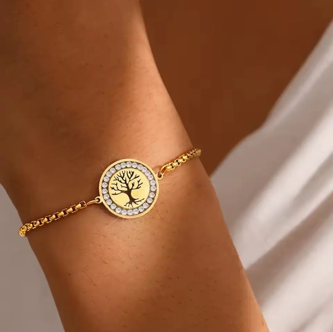 Female Polished  Stainless Steel Tree of Life Bracelet with Cubic Zirconia, Fashionable Bracelet, Jewelry Accessory