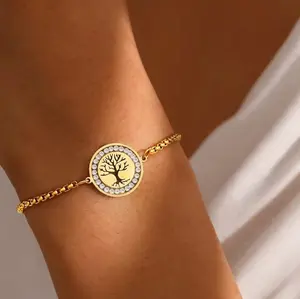 Female Polished  Stainless Steel Tree of Life Bracelet with Cubic Zirconia, Fashionable Bracelet, Jewelry Accessory