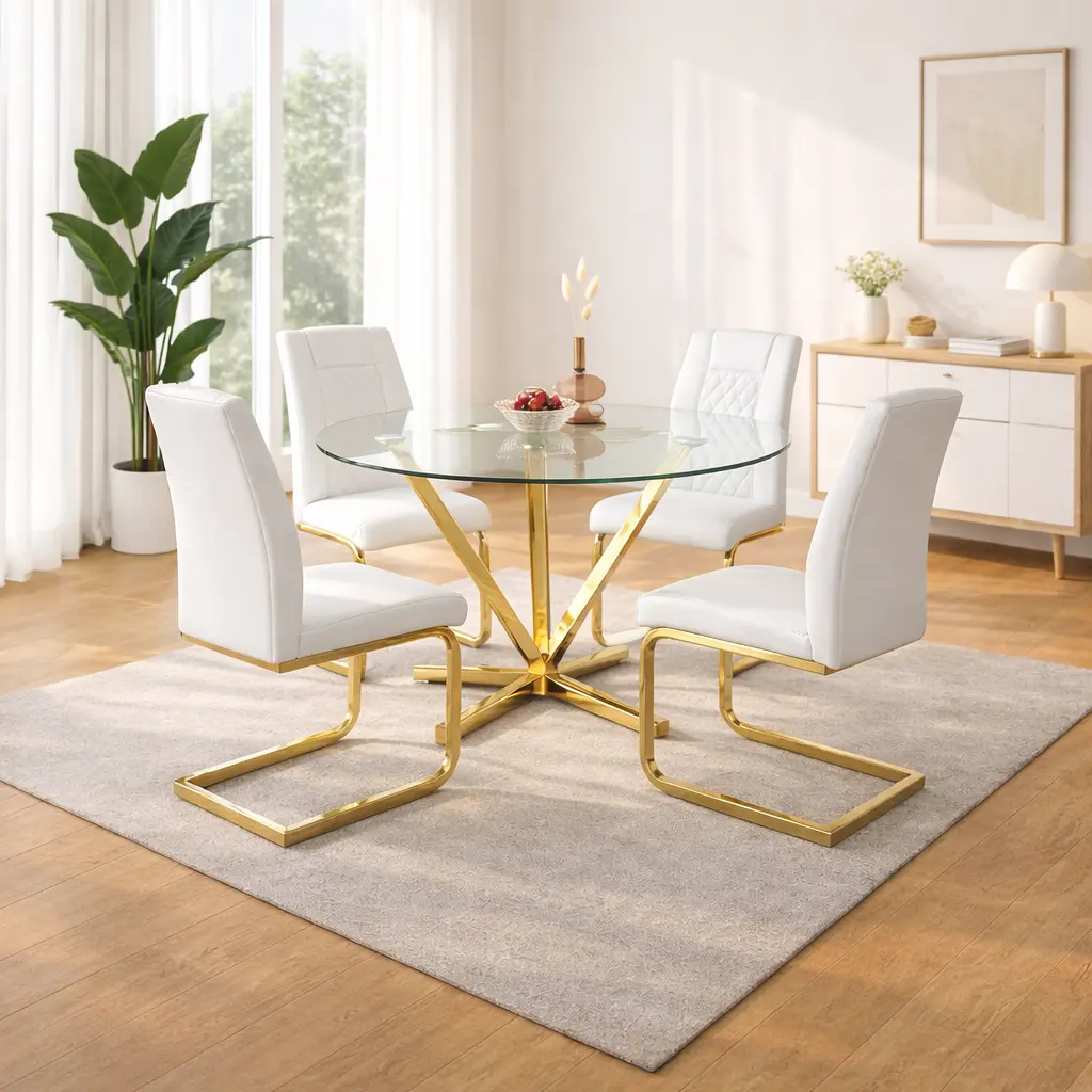 45 Inch Round Glass Dining Table for 4-6, Tempered Glass Top & Gold Metal Base, Modern Kitchen Table for Small Spaces, Living Room, Easy Assembly, Clear diamond furniture desk Coffeetable