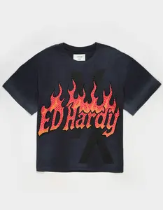 ED HARDY x MGK Flames Shadow Rhinestone Mens Boxy Tee