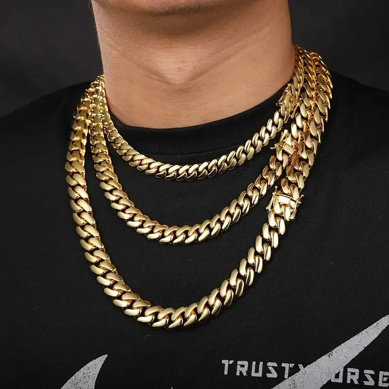 Men's Gold Plated Cuban Link Chain 8-22mm, Stainless Steel Waterproof Hip Hop Necklace Gift for Him, Party Wear, Multi-Size, Gold Tone Chain Necklaces, Metal Link Necklaces