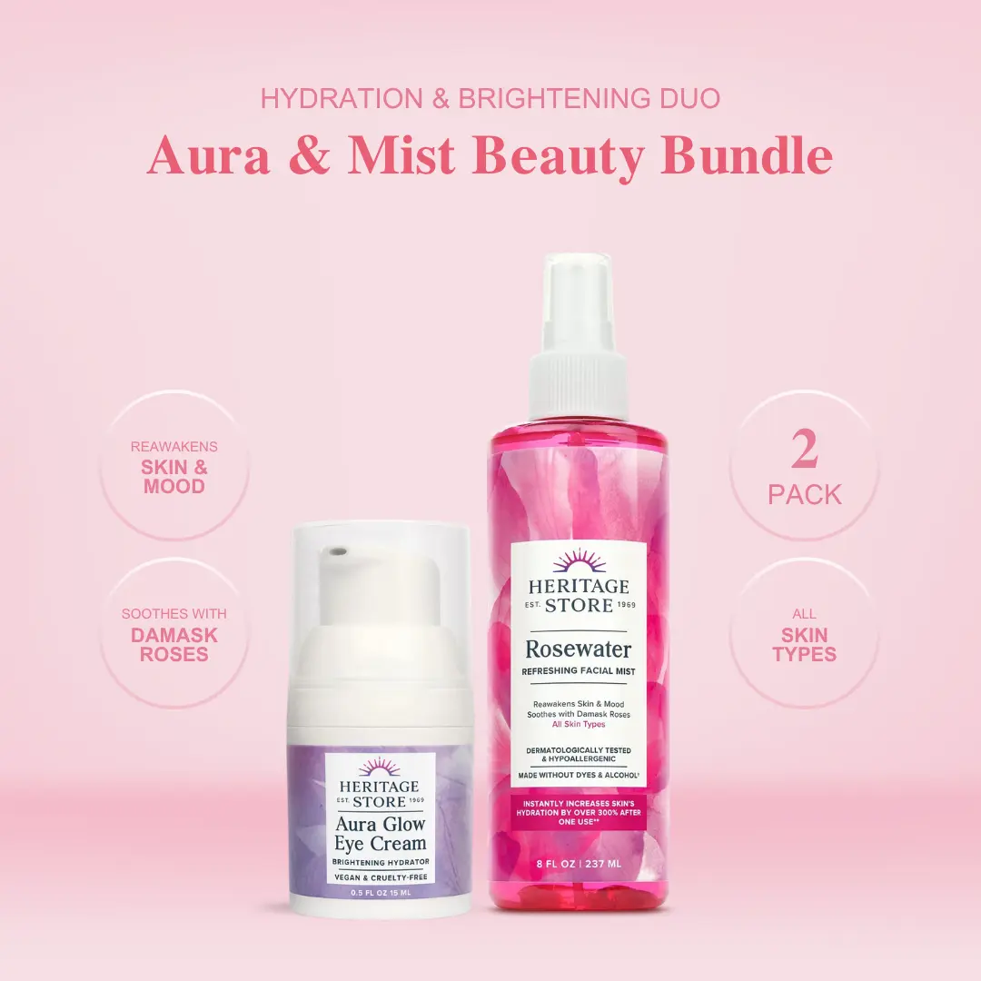 HERITAGE STORE Hydrating 2-Piece Skincare Set with Rosewater & Glycerin, Face Mist & Eye Cream for Radiant, Soft Skin and a Dewy Makeup Finish, Moisture, Scent, Glow Up, Makeup Prep