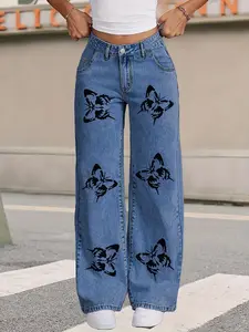 Plus Size Women's High Waisted Straight Leg Pants, Comfortable and Casual Women's Bottoms, Butterfly Printed Fashionable Jeans