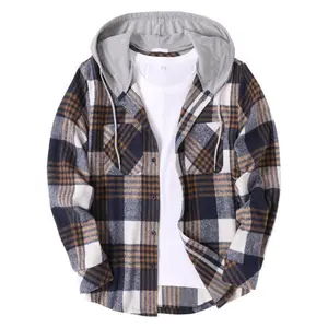 Men's Lightweight Flannel Hooded Plaid Shirt Jacket - Casual Long Sleeve Button - With Drawstring, Autumn Coat in Brown and Beige Plaid Pattern, Machine Washable, Casual Wear| Streetwear Style| Versatile Layering fall outfits Menswear Polyester  Tops
