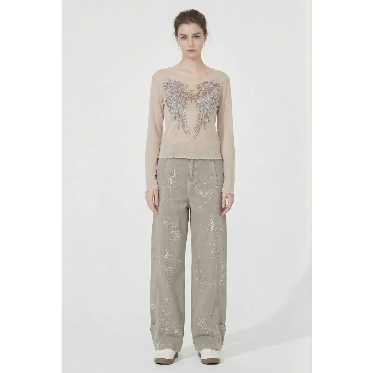 TCH26 Spring Fashion Wings Hot Diamond Slim Fit Micro Transparent Light Mature Style Bottom Shirt Top for Women