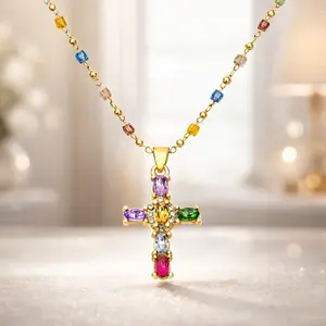 Rainbow Multicolor Crystal Cross Pendant Gold Chain Necklace - Y2K Aesthetic Coquette Trendy It Girl Ins Aesthetic Religious Statement Jewelry Accessories for Women Valentines&birthday Boujee Gifts for gf and Mom
