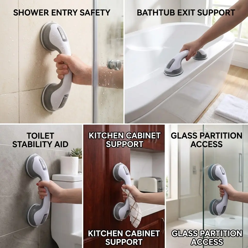 Shower Entry Safety & Bathtub Exit Support Toilet Stability Aid Kitchen Cabinet Support Glass Partition Access Suction Cup Handle