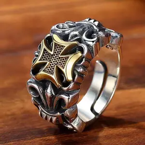 Vintage silver-plated cross anchor ring, unisex, unique hip-hop punk style distressed adjustable ring