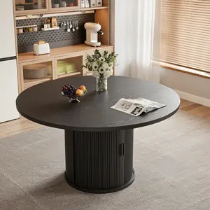 LIKIMIO 47" Round Dining Table with 2-Tier Storage Shelf & Wood Sliding Door - Modern Kitchen Table for 4-6, Space Saving Dining Room Furniture