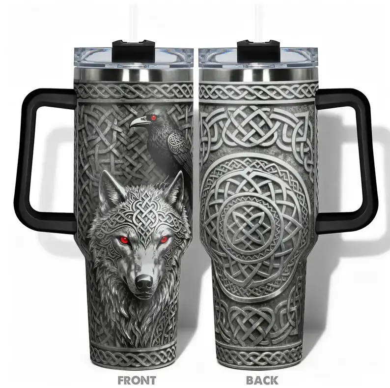 [Gift Box Included] 40oz, 20oz Celtic Wolf and Raven Knotwork Print Stainless Steel Tumbler with Handle and Straw Vacuum Insulated Travel Mug Fits Car Cup Holder Celtic Viking Gift for Norse Mythology Lovers