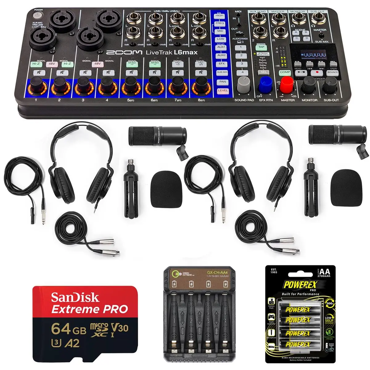 Zoom LiveTrak L6max 12-Channel Portable Digital Mixer and Recorder, Bundle with 2x ZDM-1 Podcast Microphone Set, 64GB Memory Card, 4x AA Ni-MH Battery and 4-Bay Charger