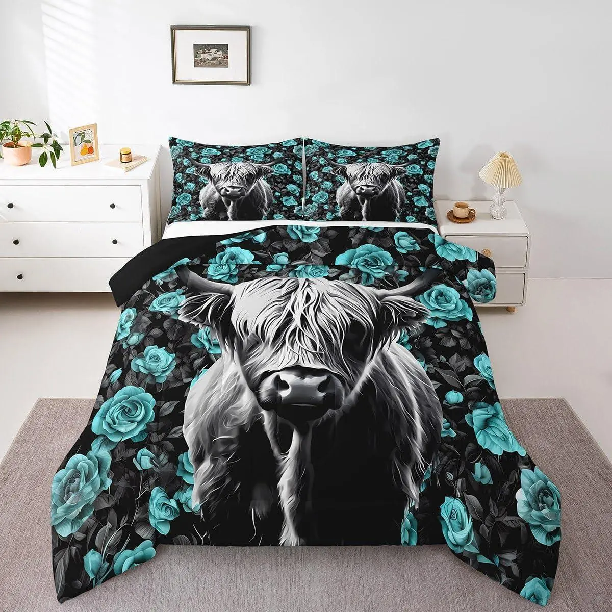 Feelyou Highland Cow Breathable Microfiber Soft Decorative Duvet Set - Teal Black Rose Floral Print Quilt Set, Western Farmhouse Longhorn Bull Bedroom Decor, Multi-Size, Travel-Friendly (Adult Duvet Insert Included), Breathable Duvet Set, Decorative Beddi