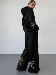 Women's Bowknot Print Drawstring Hoodie & Pocket Pants Set, Casual Long Sleeve Hooded Sweatshirt & Drawstring Waist Trousers, Ladies Two-piece Outfits for Daily Wear