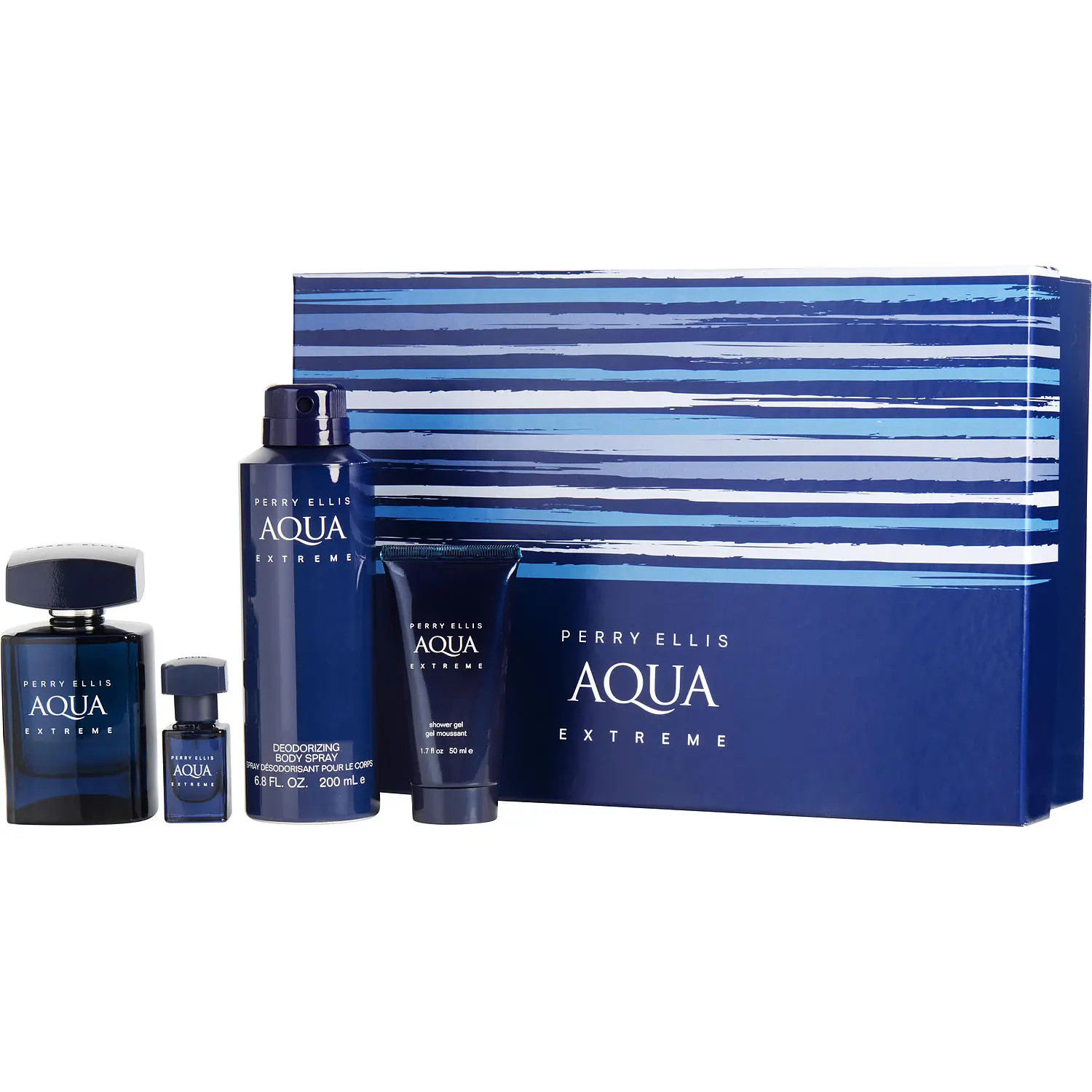 Perry Ellis Aqua Extreme Set-Edt Spray 3.4 Oz & Deodorant Body Spray 6.0 Oz & Shower Gel 1.7 Oz & Edt Spray 0.25 Oz Mini For Men