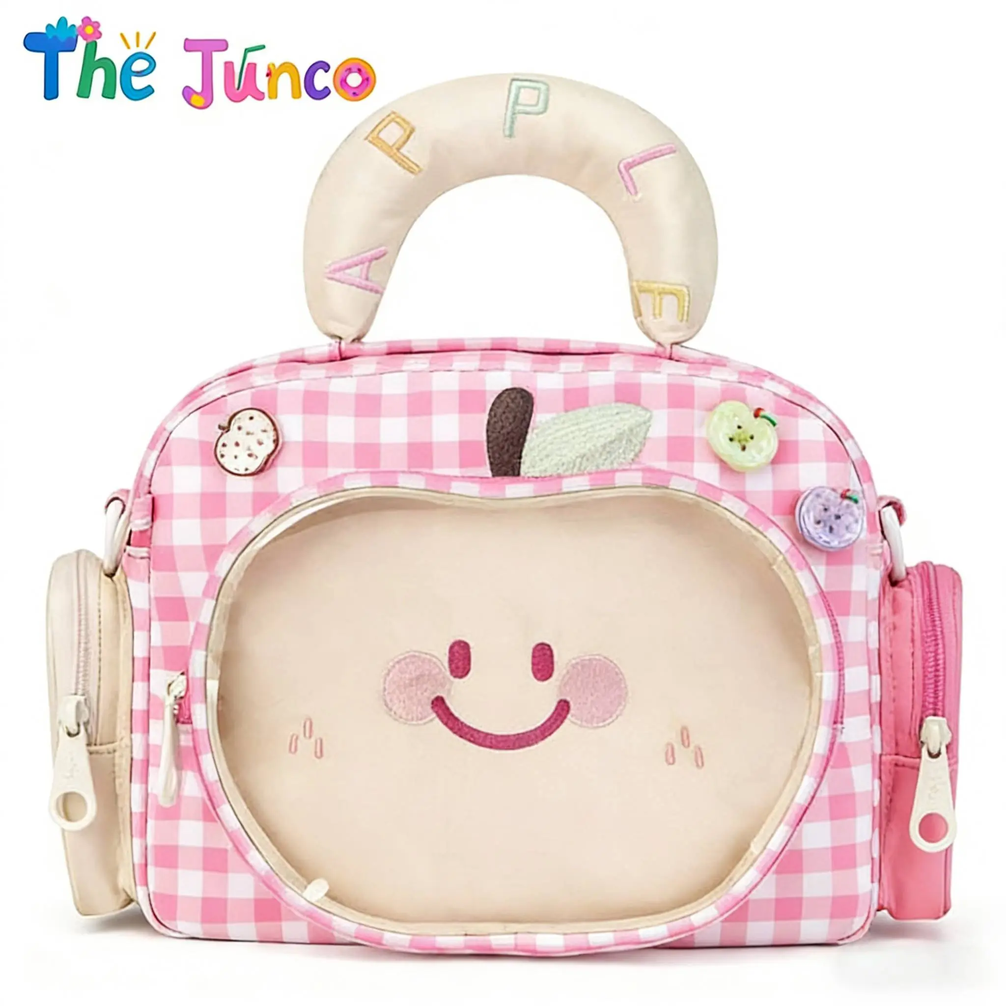 THE JUNCO Apple Ita Bag – Cute Plaid Dopamine Design, Clear Display Window Perfect for Blind Box Figures, Kawaii Smiley Style, 2-in-1 Backpack Shoulder Bag for Daily Carry
