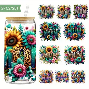 5Pcs/Set Leopard Print Best Mom Artistic Design 16oz Glass Jars Wrap Transfer Decorative Paper UV DTF High Self-adhensive Decor Transfer Sticker Packs Decoration