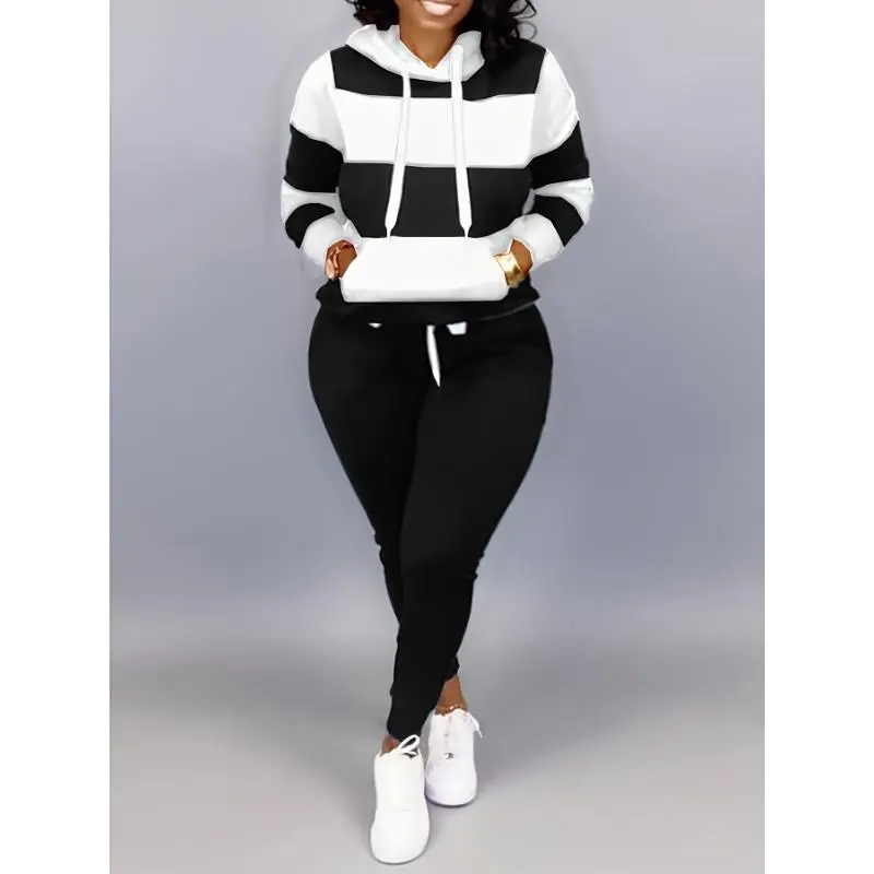Plus Size Casual Outfits Two Piece Set, Women's Plus Colorblock Stripe Print Long Sleeve Drawstring Hoodie Sweatshirt & Joggers Outfits 2 Piece Set Can be used with raincoat