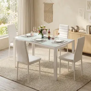 5 Pieces Modern Dining Table Set, Tempered Glass Dining Table for 4 People, High Back PU Leather Dining Chairs, Stylish Multi-Purpose Living Room, Kitchen and Dining Room Home Decor Furniture