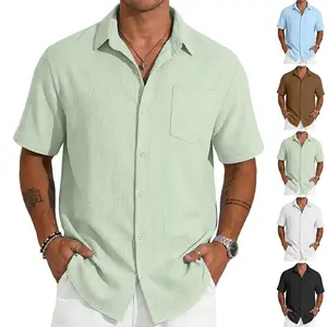 Men's Summer Loose Cardigan Solid Color Casual Stand-up Collar Beach Short-sleeved Shirt Men's