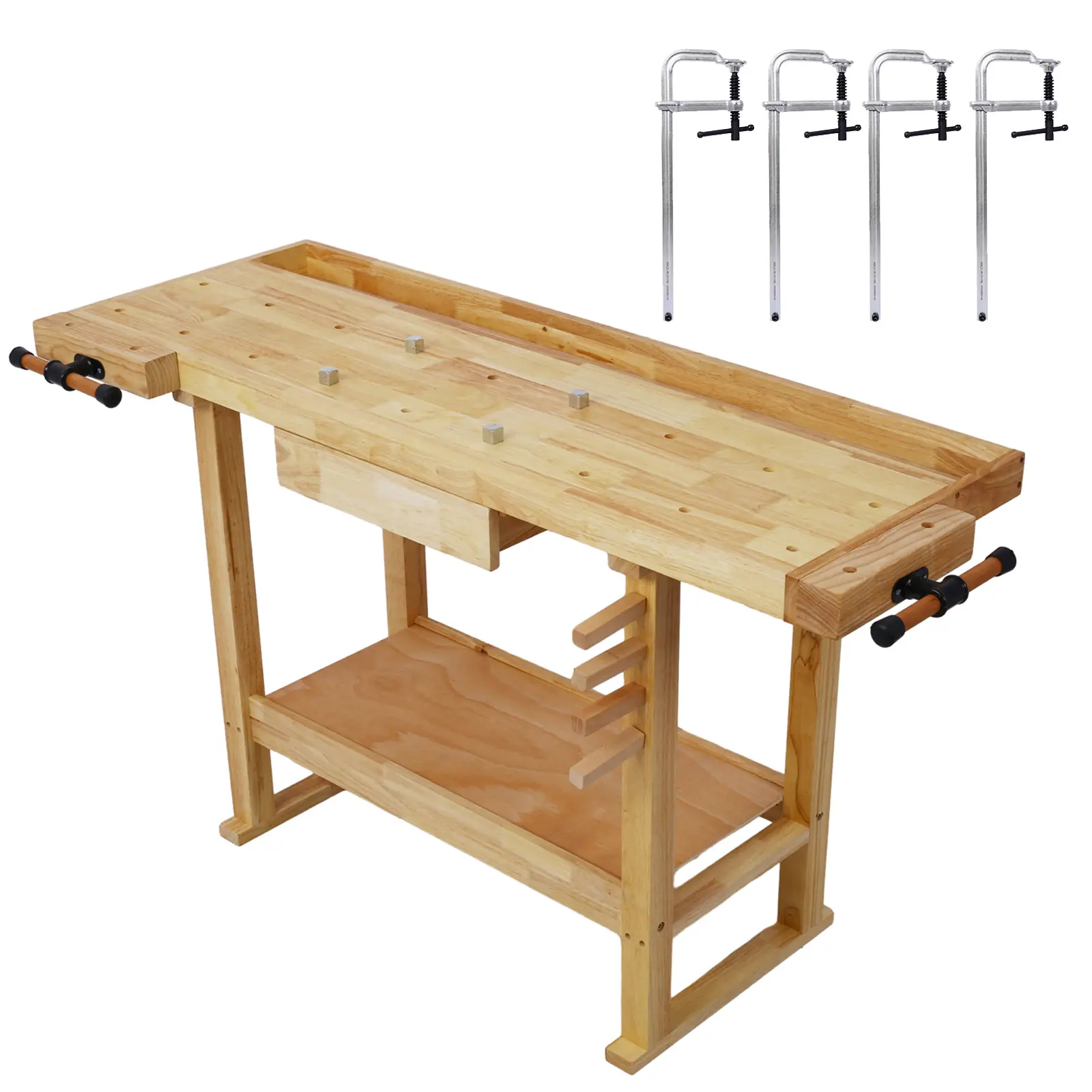 55-Inch Rubberwood Workbench with Drawer Space Tool Kit & 4-Pack 12x3-Inch Adjustable Grip Throat Bar Clamps for Garage, Workshop