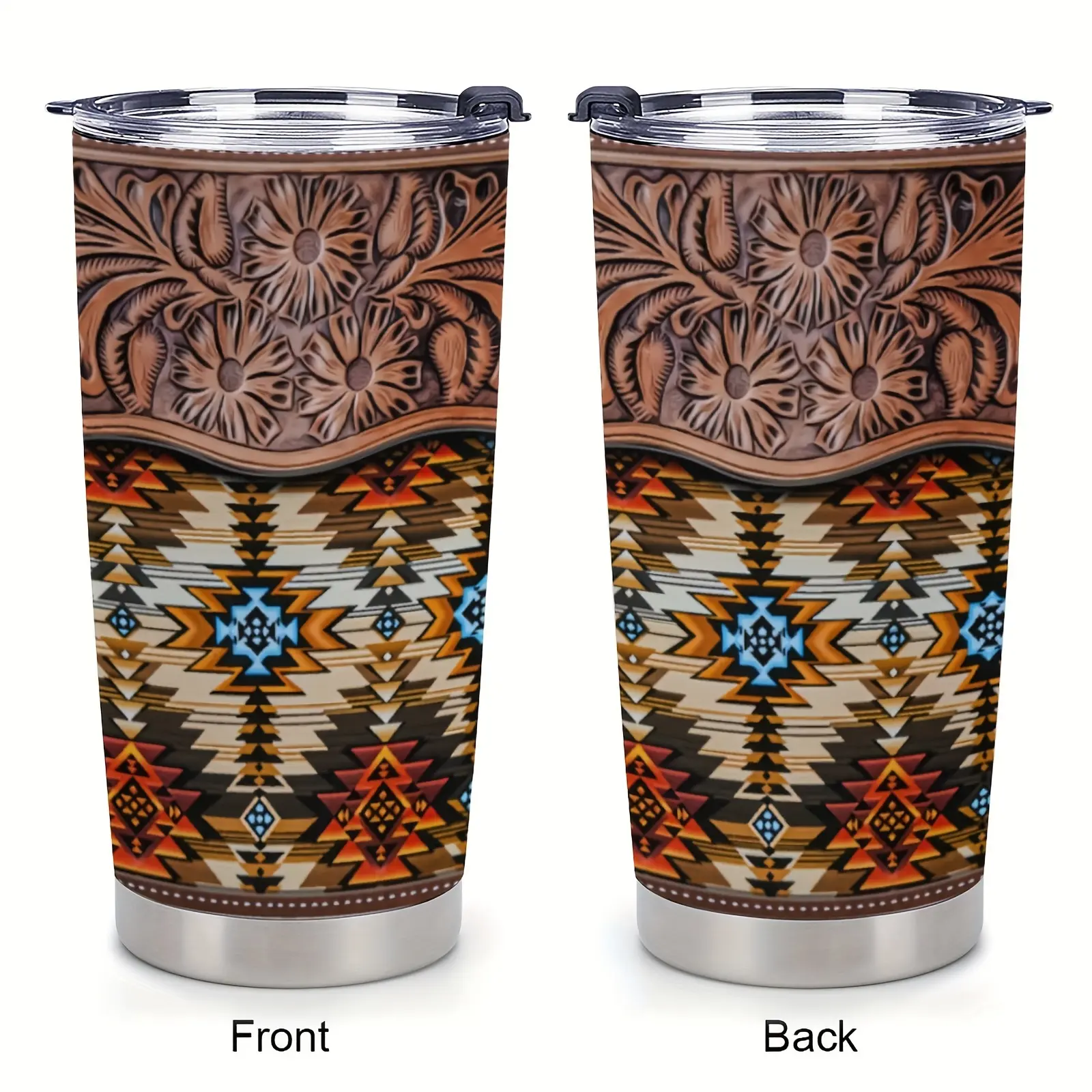 20oz Stainless Steel Western Aztec Vacuum Flask - Double-Wall Insulated, Faux Tooled Leather Print, Modern Geometric Pattern, Leak-Proof Lid, Anti-Scalding, Humor-Infused Portable Coffee Mug for Cowgirls, Keeps Coffee Hot or Cold, Ideal for Birthdays