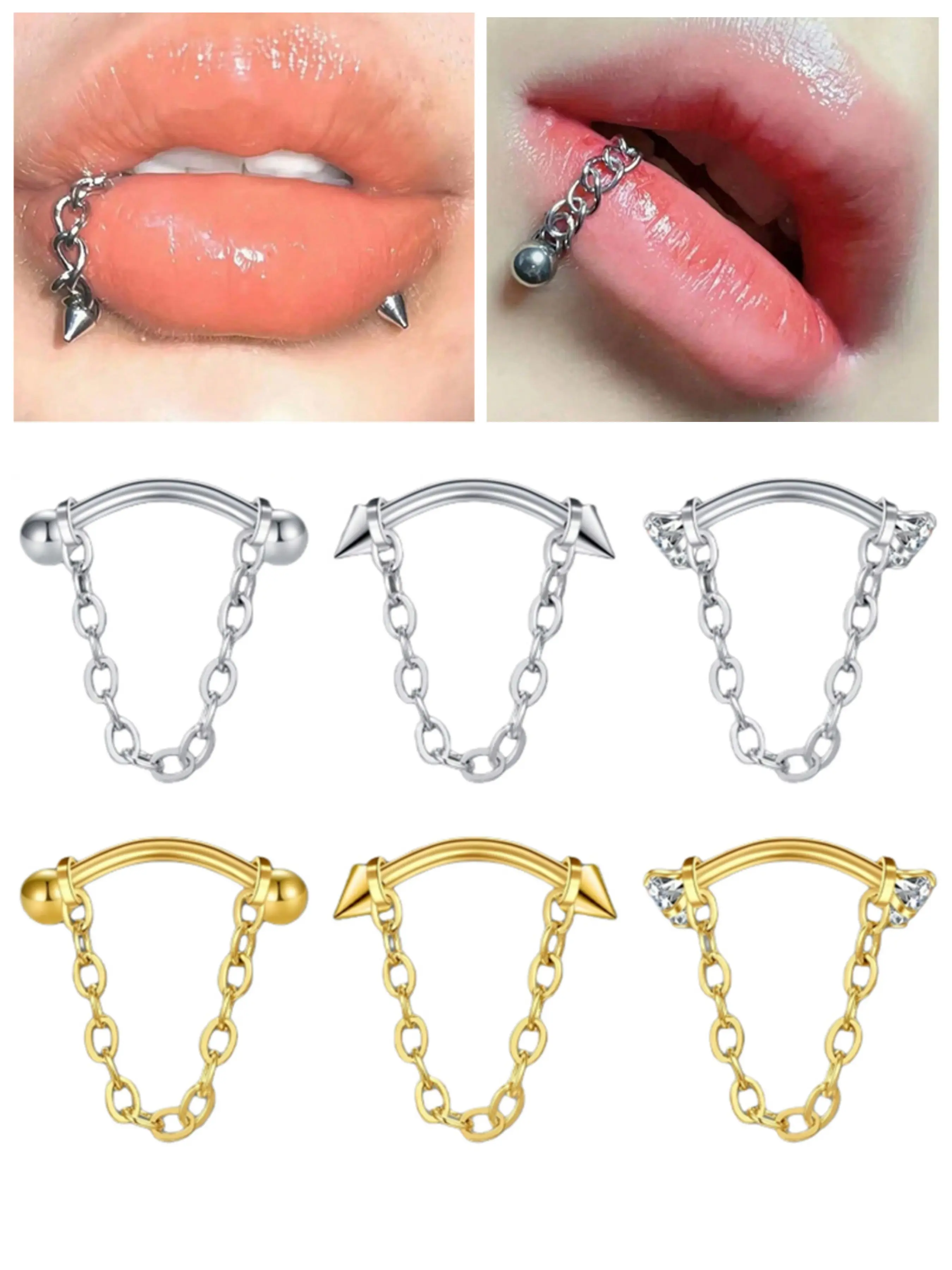 16g Stainless Steel Lip Rings for Women, Snake Bite Piercing Jewelry, Eyebrow Tragus Helix Rook Rings with Chain