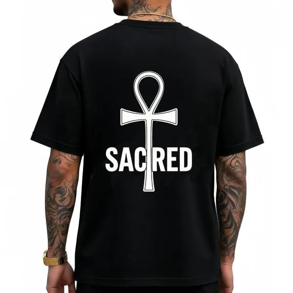 Men's Ankh Graphic Casual Tee - Vintage Pure Cotton Regular Fit Short-Sleeve Crew Neck Streetwear with Front & Back Dual Print Minimalist Letter Print Tops, Lightweight