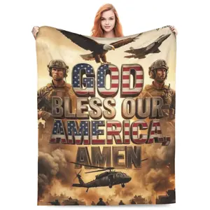 God Bless Our America Amen Military Blanket, Patriotic Veteran Flannel Throw Blanket, Soft Cozy Warm Plush Blanket for Bed Couch Sofa, Memorial Day Independence Day Gift for Patriots