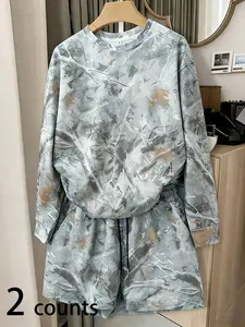 Women's 2 Piece Camo Print Matching Set, Trendy Long Sleeve Sweatshirt & Drawstring Shorts For Casual Daily & Loungewear