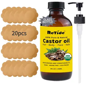 Organic Castor Oil And 20Pcs Castor Oil Patches -8 fl oz Glass Bottle with a Pump-100% Pure and Natural, Cold Pressed, and Hexane-Free - for Waist Back Neck Arm Belly,Self-Adhesive for Convenient Use