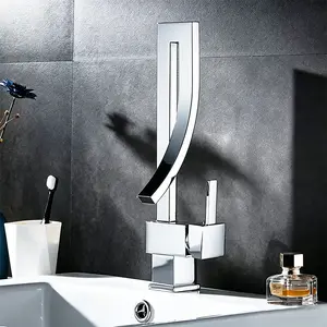 Modern Bathroom Faucet Chrome Waterfall Bathroom Sink Faucet Single Handle 1Hole Basin Vanity Mixer Taps Curved Design Faucet with Supply Hoses