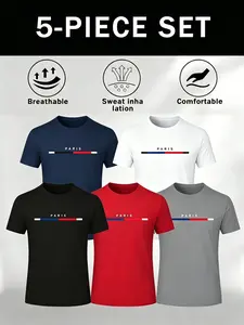 Men's Moisture-Wicking, Breathable Short Sleeve Athletic T-Shirt, Paris Letter Print, Striped Neck Design, 5 Colors, Summer Outdoor, Beach, Training, Casual Wear