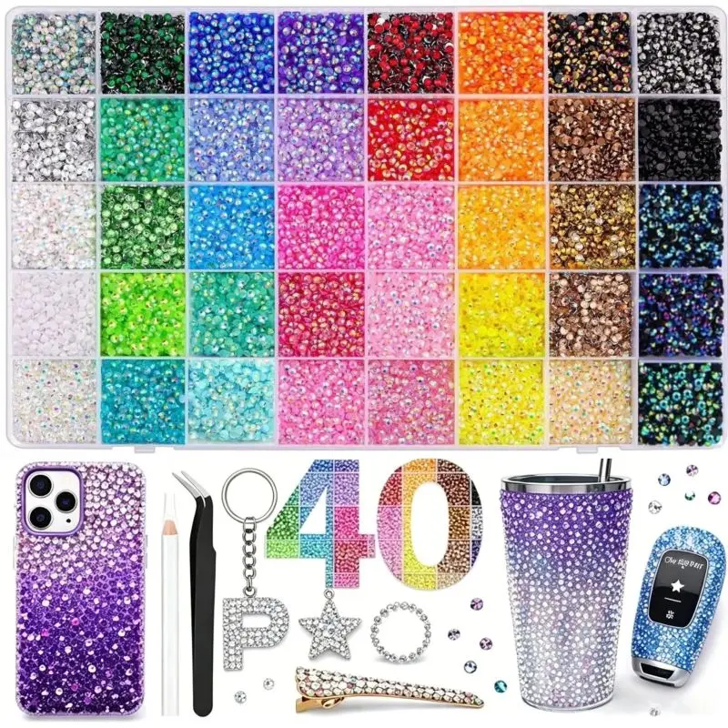 40 Color with 40000Pcs Jelly Rhinestones Flatback Resin Gem Synthetic Beads with Kit for Bedazzling 3/4mm Multicolor Synthetic Picker diamond art set book shoe nail art phone case