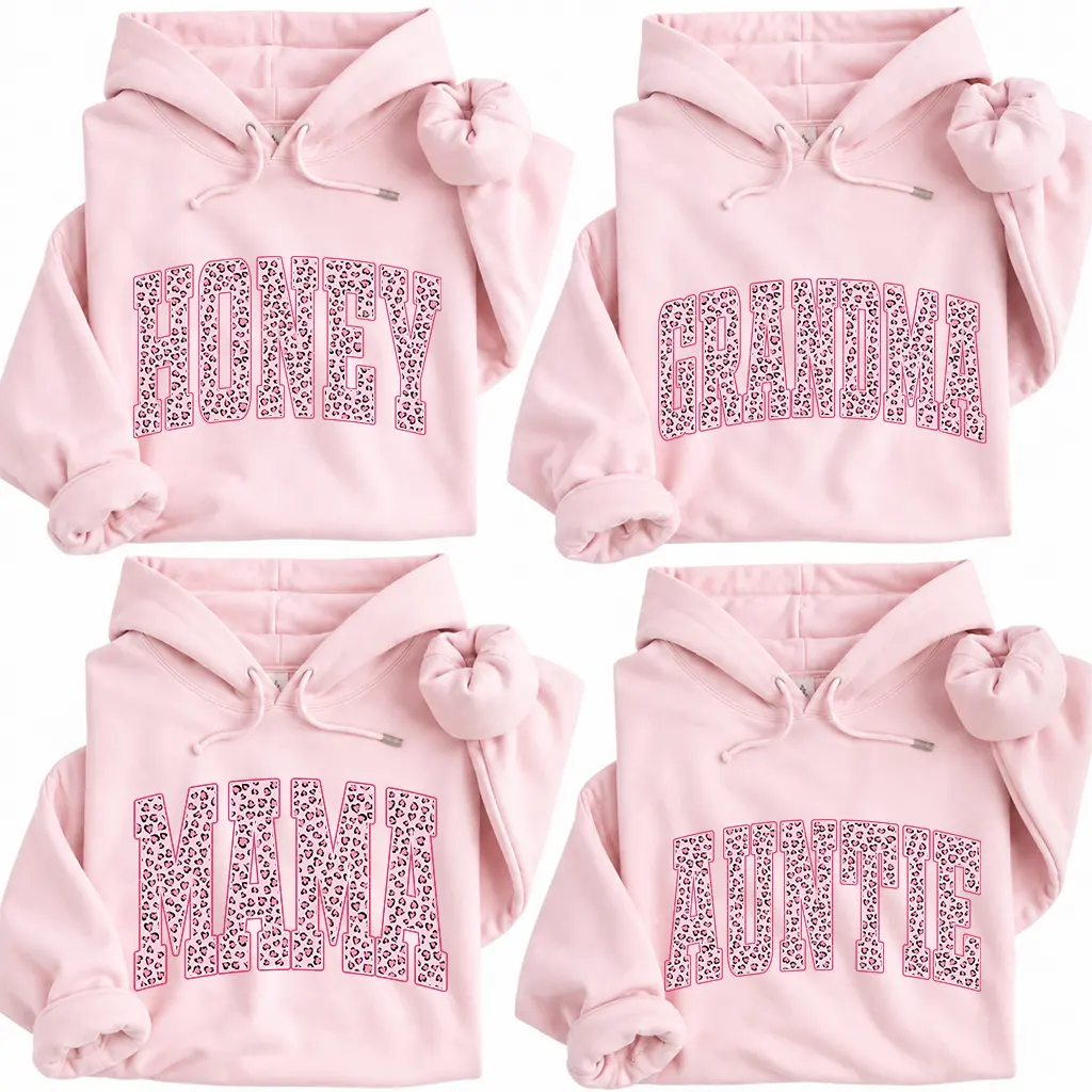 Custom Honey Grandma Mama Auntie Hoodie, Personalized Leopard Print Family Name Hoodie, Pink Animal Print Crewneck, Mother’s Day Gift for Mom Grandma Aunt, Cute Family Gift -DarkFlex