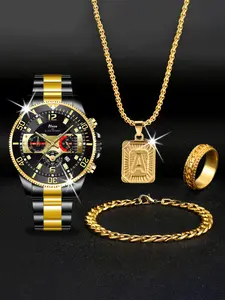 Luxury Men's Four-Piece Set: Silver /gold Chronograph Watch, Letter Necklace, Ring, Cuban Bracelet, Business Style