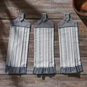 Farmstead Blue Ticking Stripe Button Loop Tea Towel Set of 3