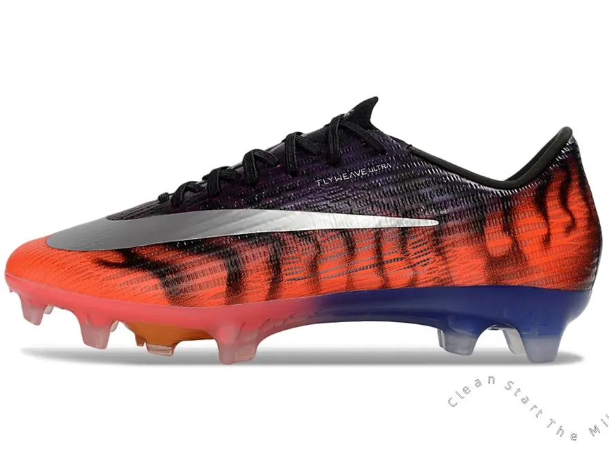 Matte Silver Side Stripe Purple Orange Tiger Gradient Stretch Knit FG Firm Ground Soccer Cleats, Red Blue Gradient Transparent Cushion Stud Outsole Unisex Low Top Pro Footwear for Outdoor Natural Grass Adult League Speed Training Matches